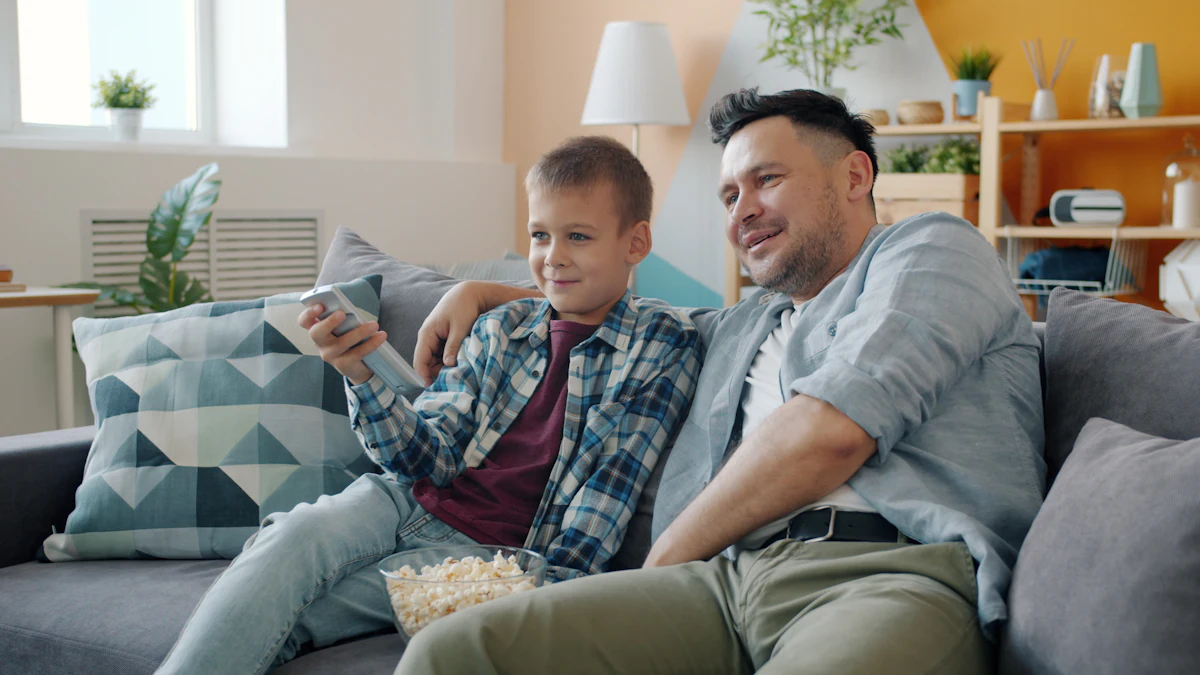 Family watching a repaired TV at home
