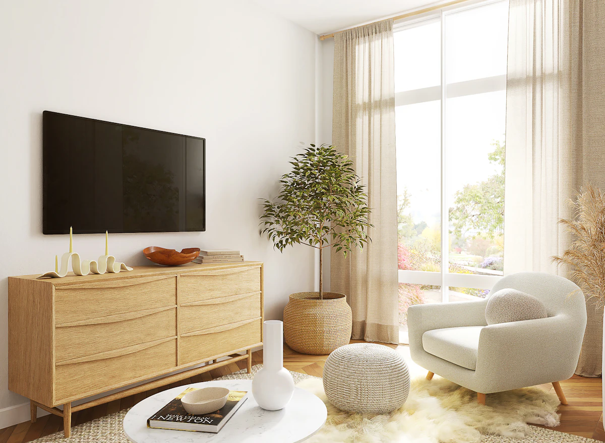 Wall-mounted Sony Bravia style television in a bright living room