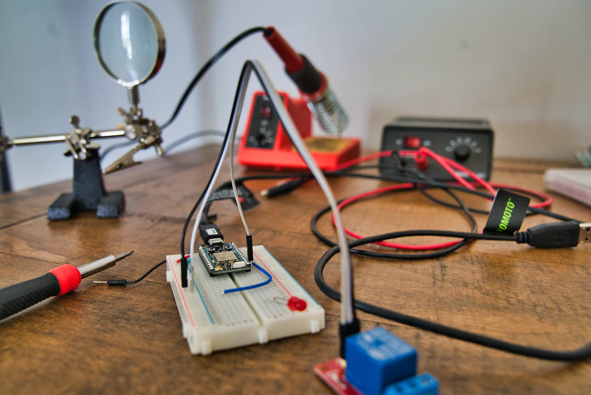 TV repair workbench with soldering station and test gear