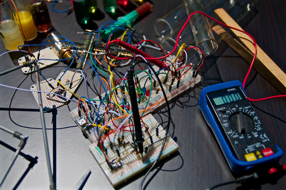 TV repair bench with multimeter and test boards